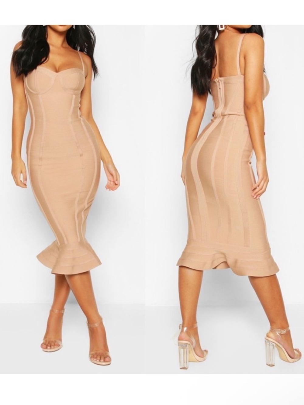 NWT BOOHOO Petite Bandage Frill Hem Midi Dress 10